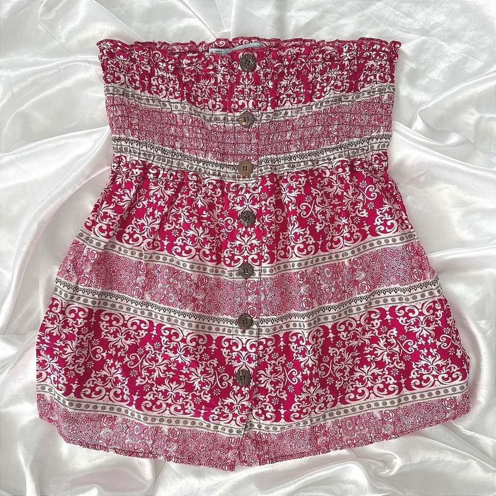 Maurices Pink White Damask Smocked Tube Top Cotton Boho Button Front Medium